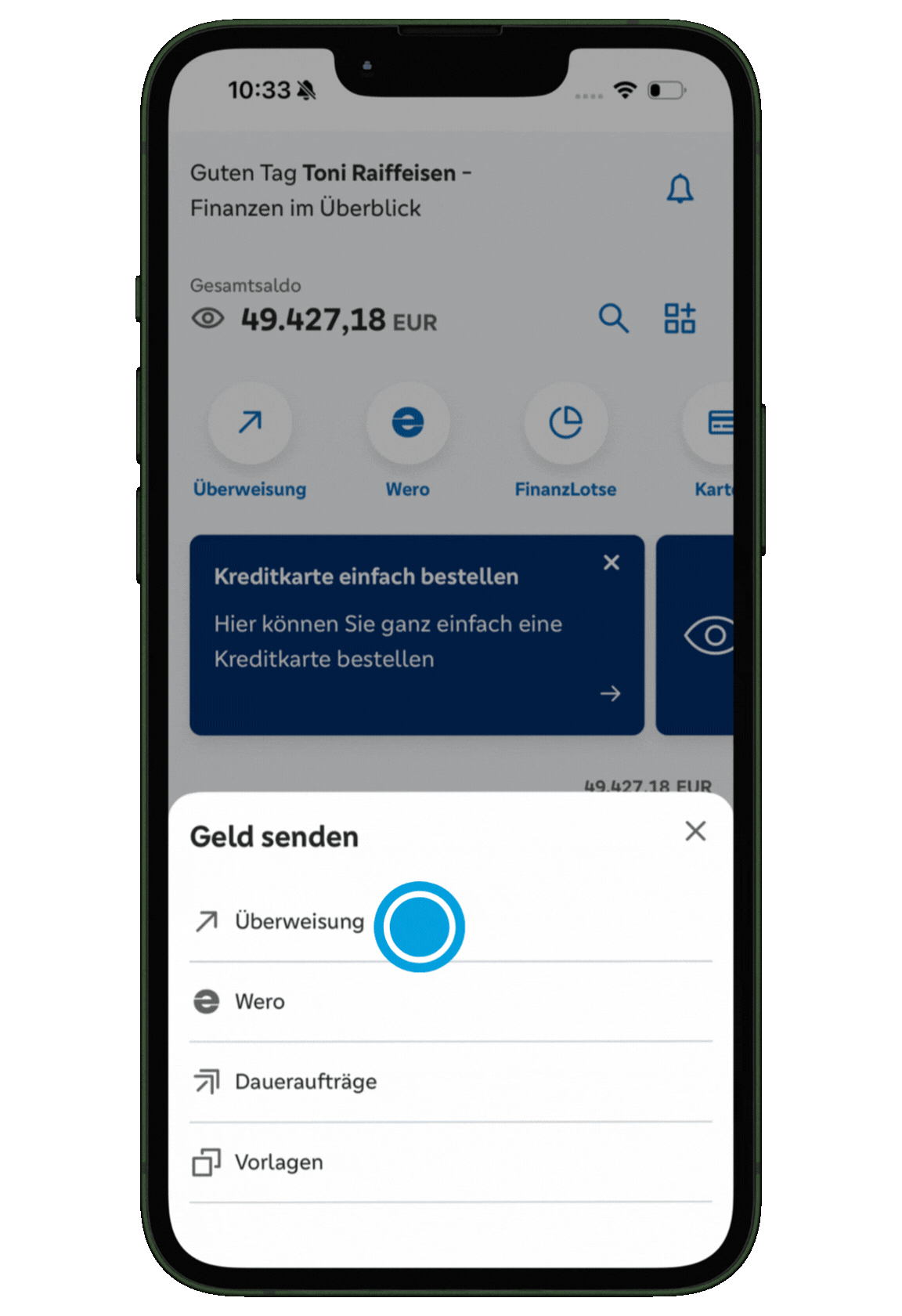 1. ÜBERWEISUNG AUSWÄHLEN

Gehen Sie in der VR-Banking-App auf „Überweisung“.