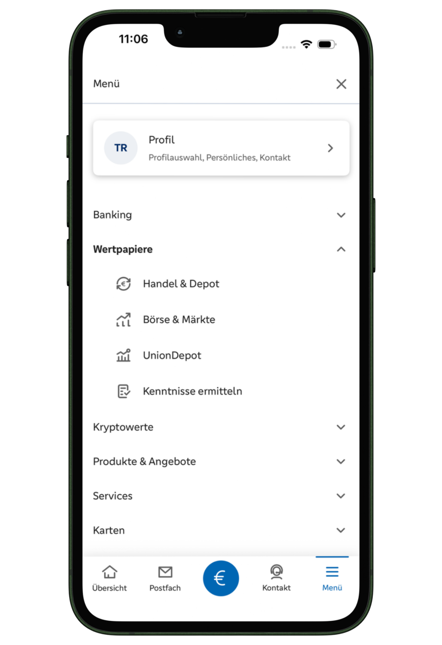 DEPOTÜBERSICHT

Über Menü → Wertpapiere → Handel & Depot gelangen Sie zu Ihrer Depotübersicht. Dort sehen Sie Ihre Bestände und wie sich Ihr Depot entwickelt.
