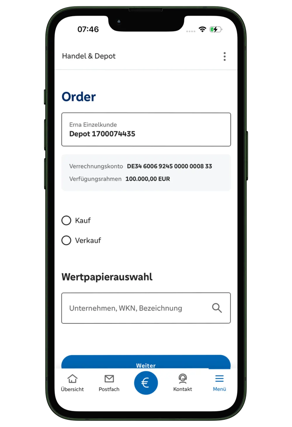 HANDELN

Unter Handel & Depot wählen Sie im Drei-Punkte-Menü Order. Dort können Sie ein Wertpapier suchen und anschließend Kauf oder Verkauf auswählen. Selbstverständlich können Sie ein Wertpapier auch regelmäßig per Sparplan besparen.