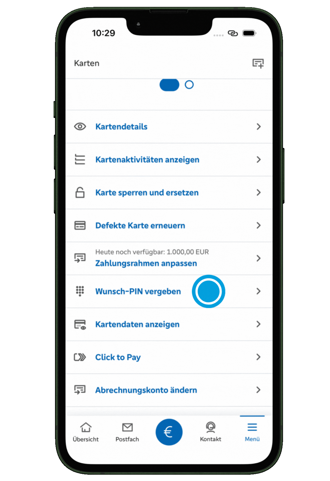 WUNSCH-PIN FÜR IHRE KREDITKARTE

Wählen Sie im Bereich „Karten“ Ihre Kreditkarte aus und tippen Sie auf „Wunsch-PIN vergeben“. Anschließend legen Sie Ihre neue PIN fest und bestätigen die Änderung über das hinterlegte TAN-Verfahren.