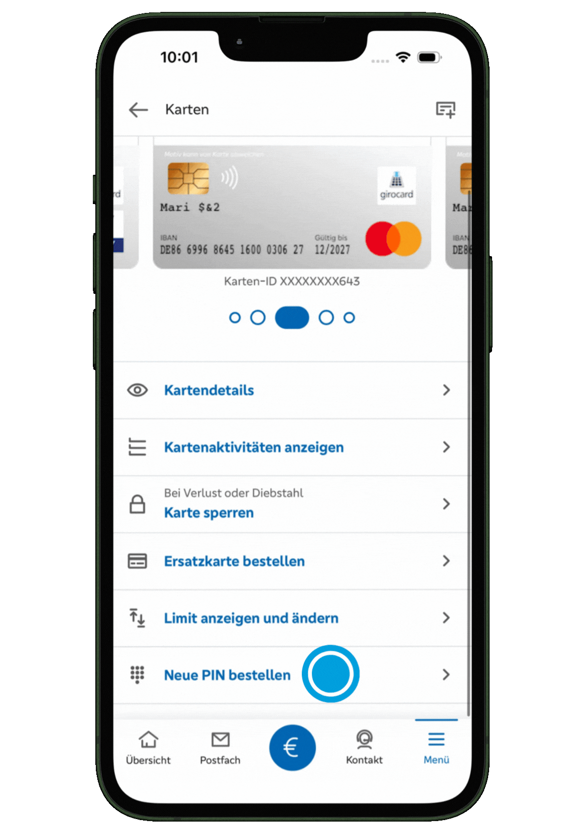 NEUE PIN FÜR IHRE GIROCARD

Öffnen Sie über den Schnellzugriff „Karten“ oder über das Menü Ihre girocard. Dort wählen Sie „Neue PIN bestellen“ und geben den Auftrag anschließend frei. Die neue PIN erhalten Sie danach per Post.