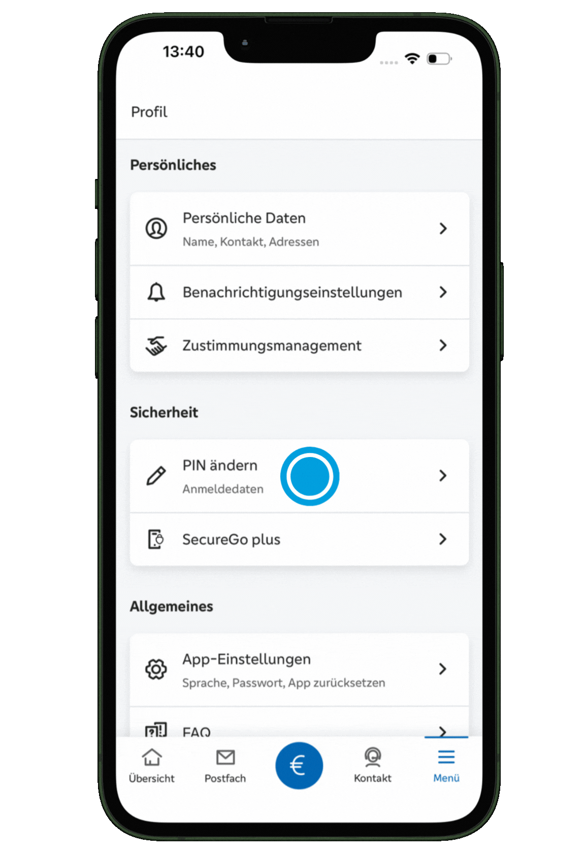 ONLINE-BANKING PIN ÄNDERN

Gehen Sie über Menü → Profil zum Bereich „PIN ändern“. Dort geben Sie zunächst Ihre bisherige und anschließend Ihre neue Online-Banking-PIN ein. Nach der Prüfung und Freigabe ist die Änderung abgeschlossen.